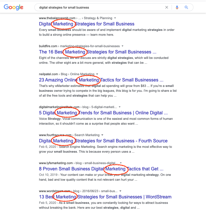 Screenshot of Google search results showing marketing strategies when user searches for digital strategies, which is more than marketing strategies.