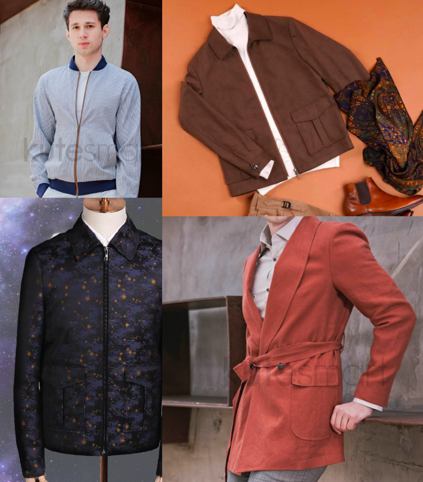 Collage with 4 images of models wearing casual made-to-measure jackets.