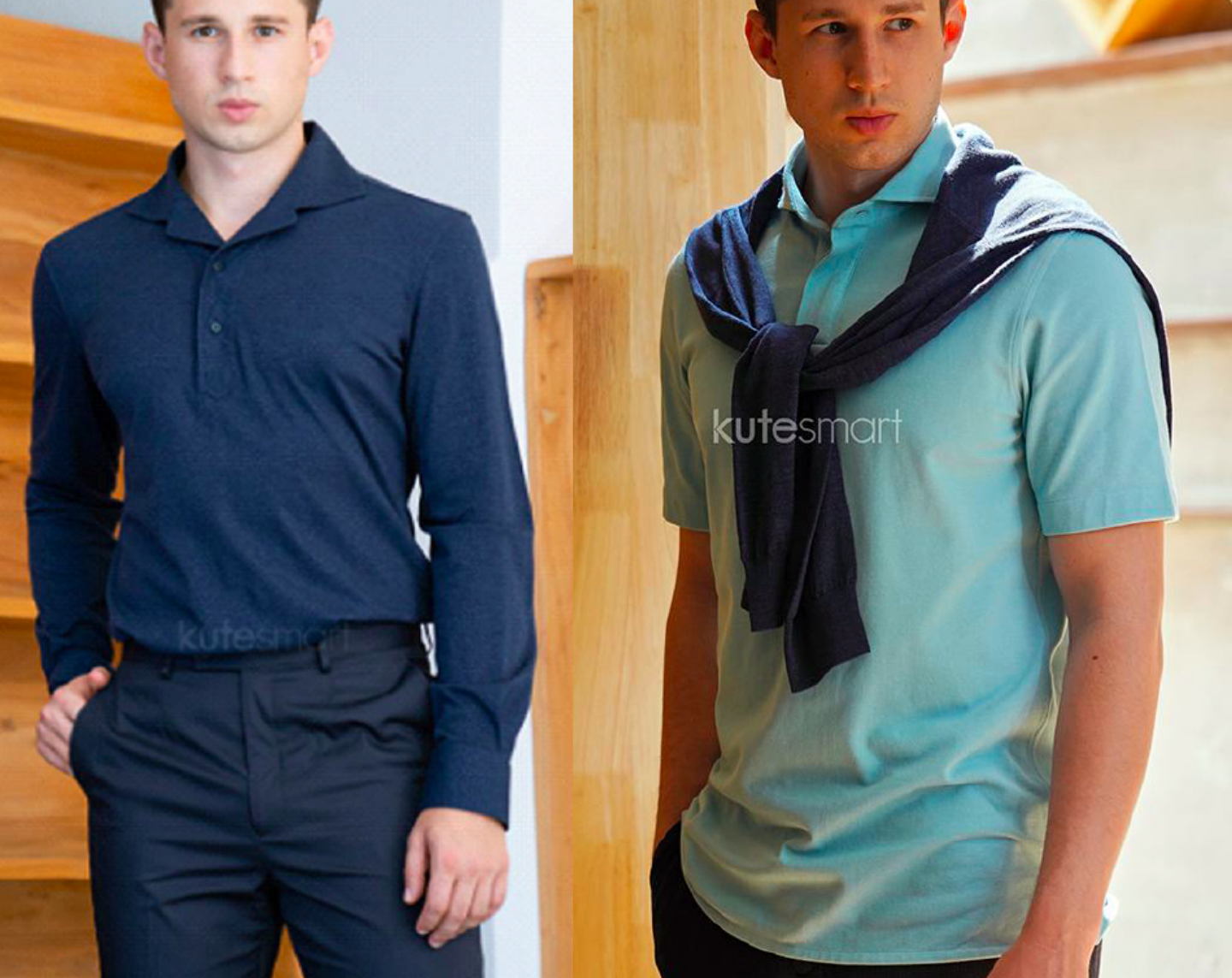 Models wearing long-sleeve made-to-measure polo shirt and short-sleeve made-to-measure polo shirt