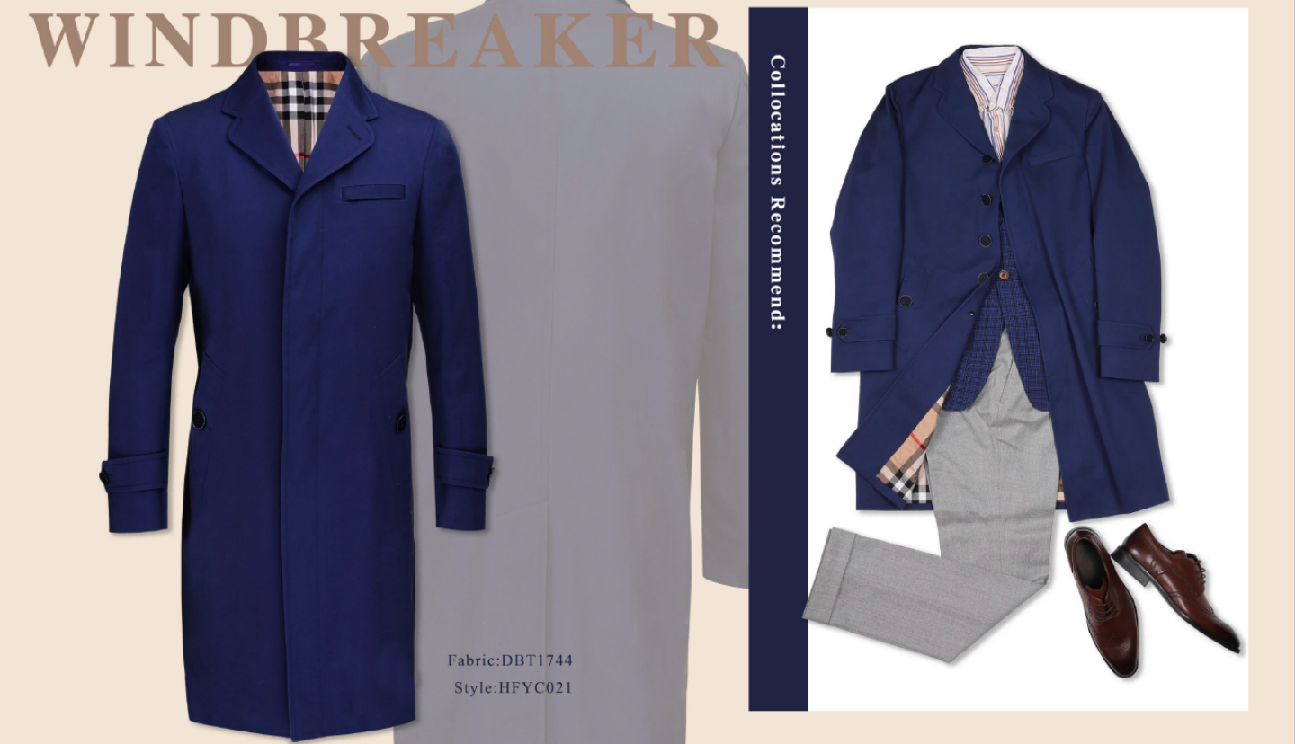 Two pictures of a navy blue made-to-measure trench coat.